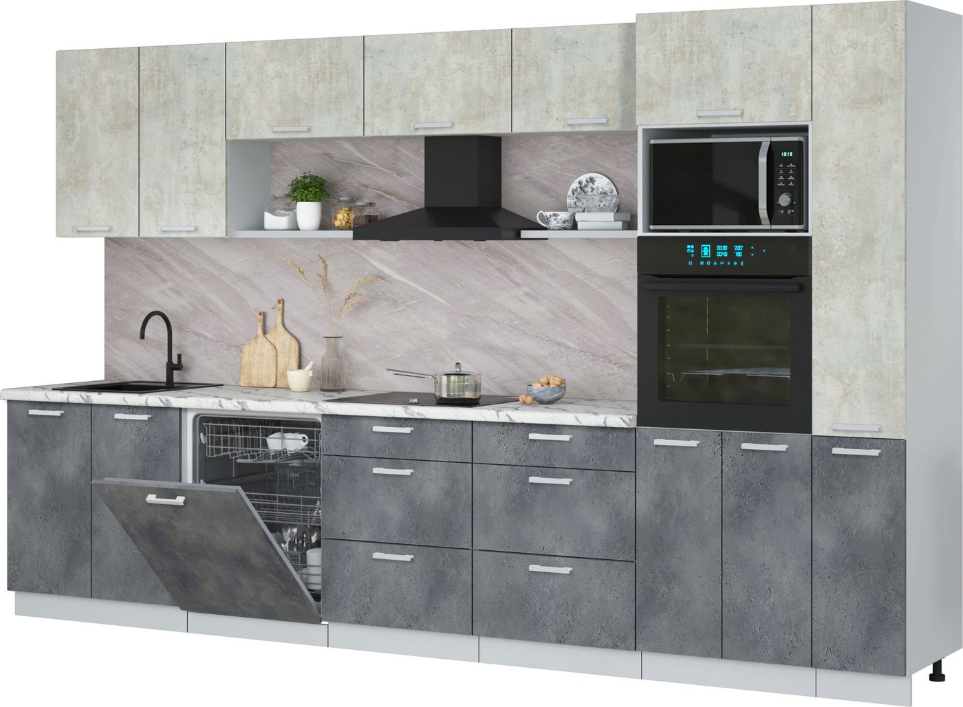 

Готовая кухня Интерлиния Мила Лайт 3.5-ПМ1 (бетон лайт/бетон портленд/белый гранит)