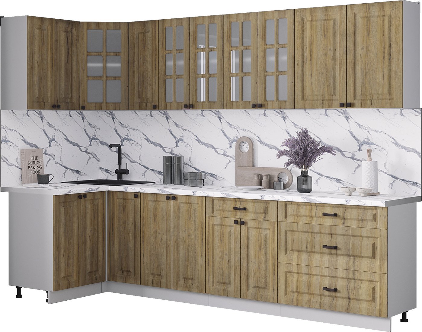 

Готовая кухня Интерлиния Мила Деко 1.2x2.9 (дуб вотан/дуб вотан/белый гранит)