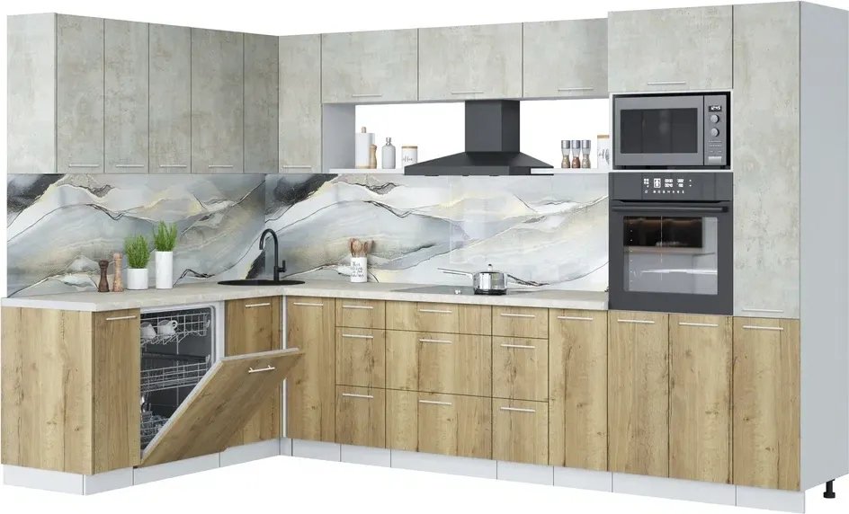 

Готовая кухня Интерлиния Мила Лайт 1.896х3.28 (бетон лайт/дуб золотой/опал светлый)