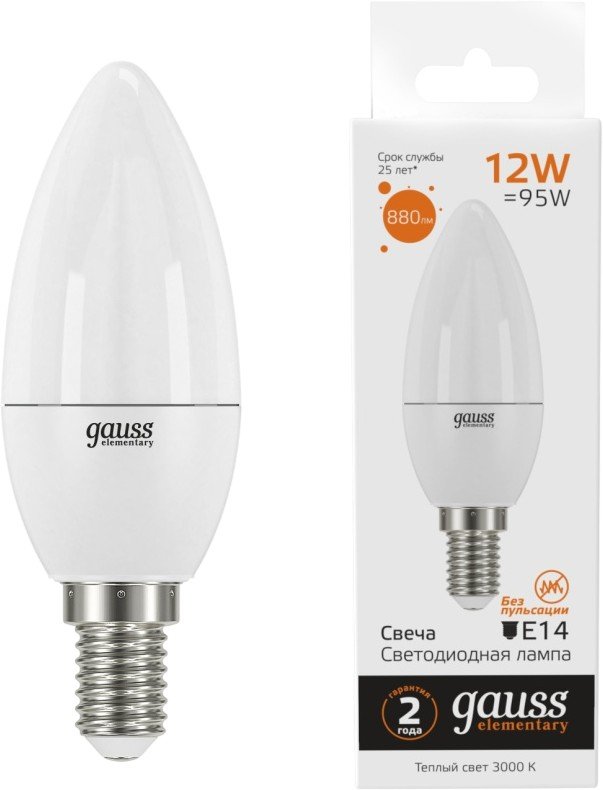 

Светодиодная лампочка Gauss Elementary Свеча 12Вт E14 3000K 33112