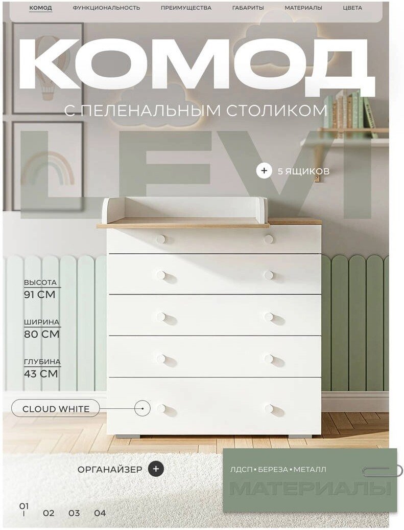 

Детский комод Rant Levi 80/5 128 (белый)