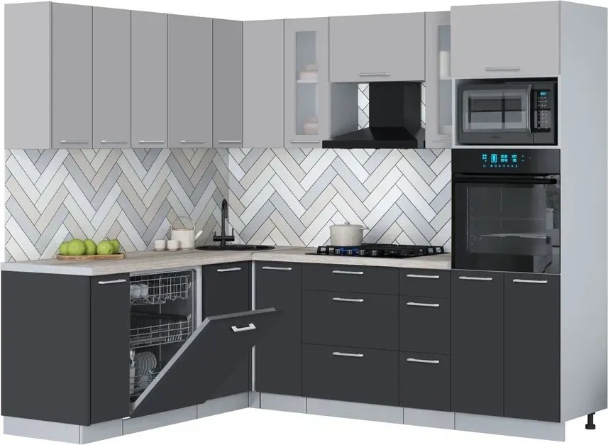 

Готовая кухня Интерлиния Мила Gloss 1.896х2.38 (пепел/грей/травертин серый)