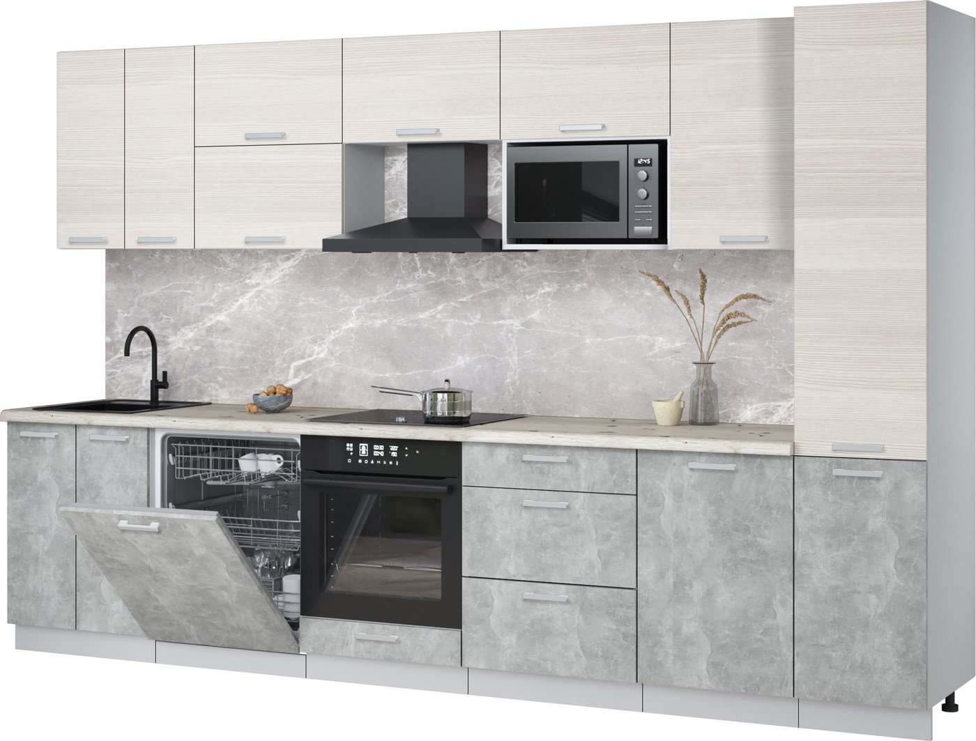 

Готовая кухня Интерлиния Мила Лайт 3.3-ПМ2 (вудлайн кремовый/бетон/бискайская сосна)