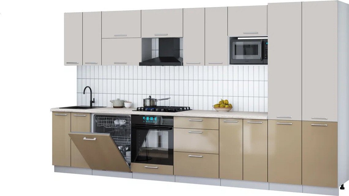 

Готовая кухня Интерлиния Мила Gloss 3.8-ПМ2 (капучино глянец/кашемир/травертин серый)