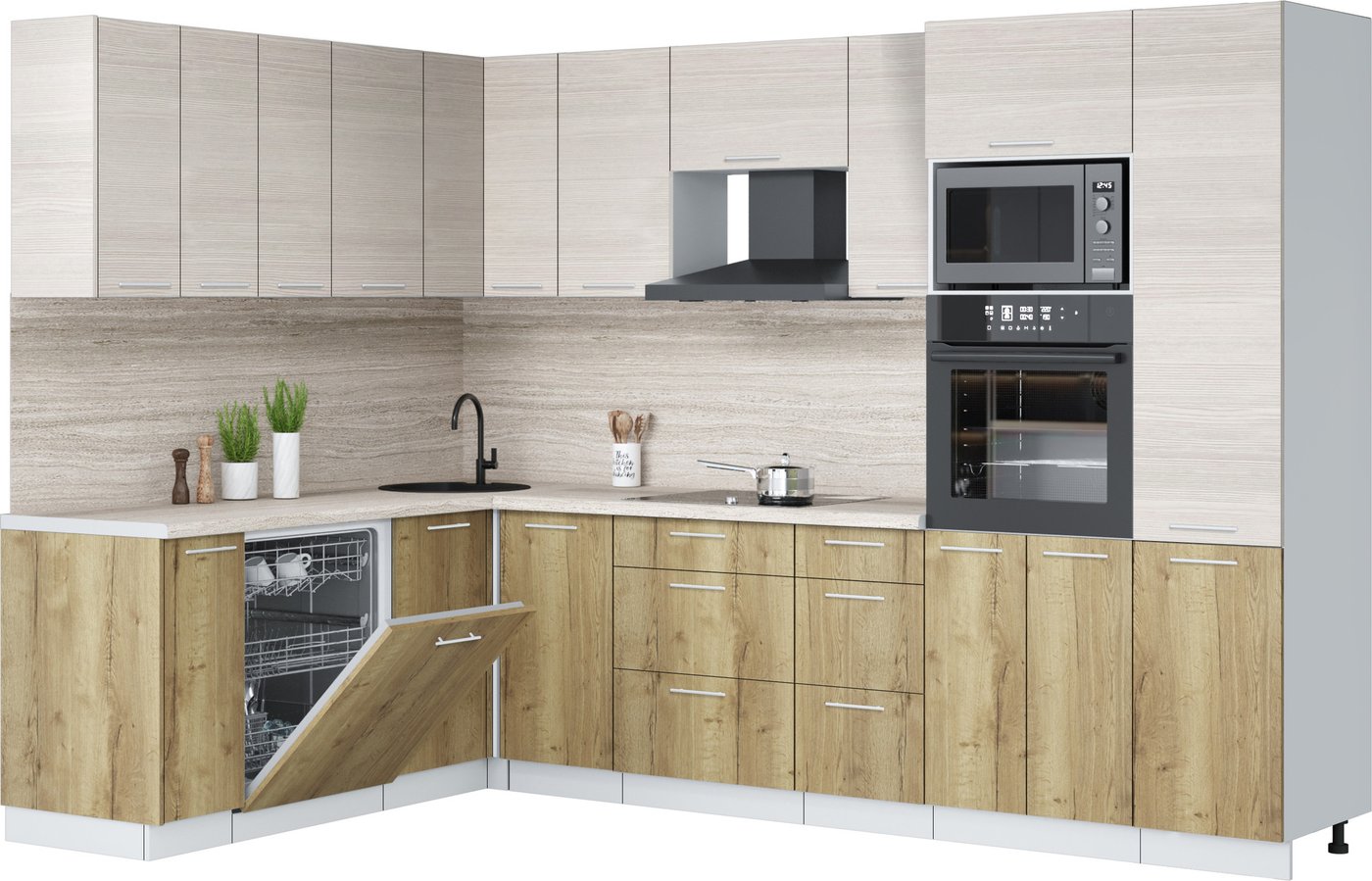 

Готовая кухня Интерлиния Мила Лайт 1.896х2.98 (вудлайн кремовый/дуб золотой/травертин серый)