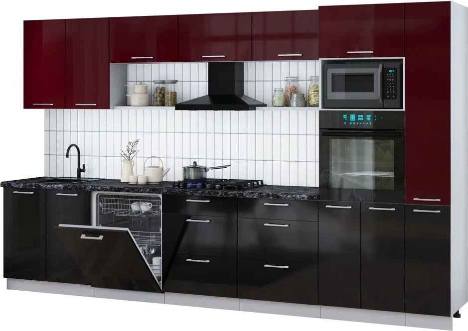 

Готовая кухня Интерлиния Мила Gloss 3.5-ПМ1 (черный глянец/бордовый глянец/кастилло темный)