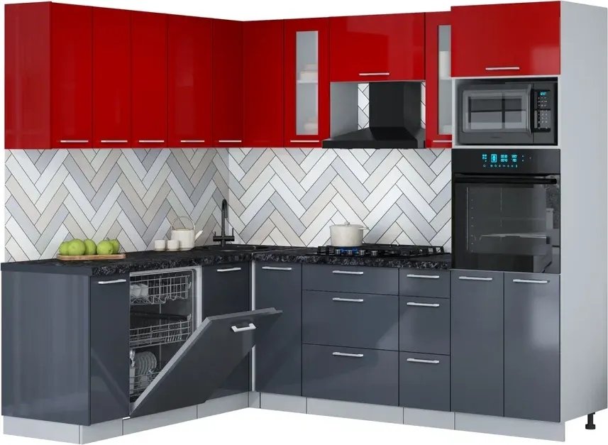 

Готовая кухня Интерлиния Мила Gloss 1.896х2.38 (асфальт глянец/красный глянец/кастилло темный)