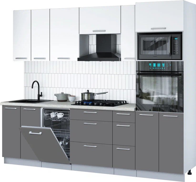 

Готовая кухня Интерлиния Мила Gloss 2.55-ПМ3 (серый/белый/опал светлый)