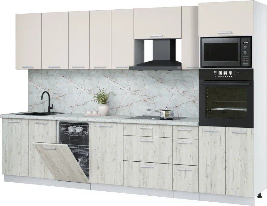 

Готовая кухня Интерлиния Мила Лайт 3.2-ПМ3 (персидский жемчуг/дуб белый/серый каспий)