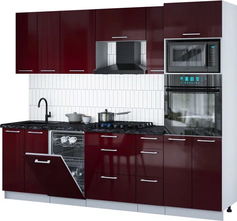 

Готовая кухня Интерлиния Мила Gloss 2.55-ПМ3 (бордовый глянец/бордовый глянец/кастилло темный)