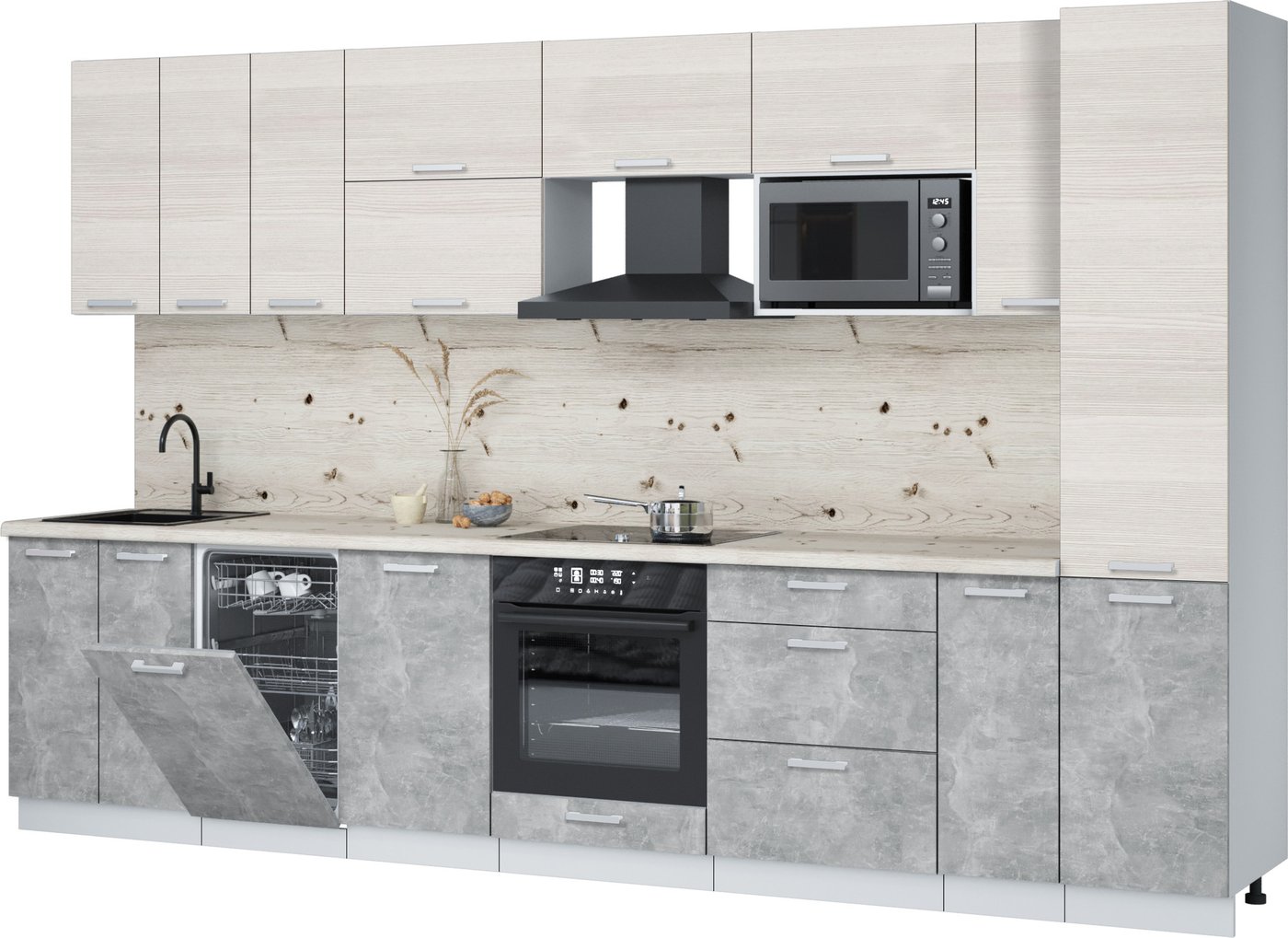 

Готовая кухня Интерлиния Мила Лайт 3.4-ПМ4 (вудлайн кремовый/бетон/бискайская сосна)