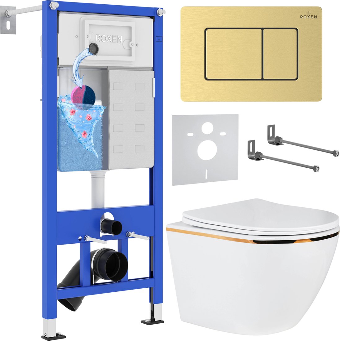 

Унитаз подвесной Roxen Antares Gold в комплекте с инсталляцией StounFix Dual Fresh 6 в 1 968460 (кнопка: брашированное золото)