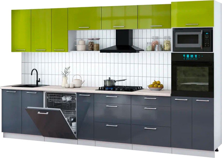 

Готовая кухня Интерлиния Мила Gloss 3.5-ПМ1-2 (асфальт глянец/яблоко глянец/травертин серый)