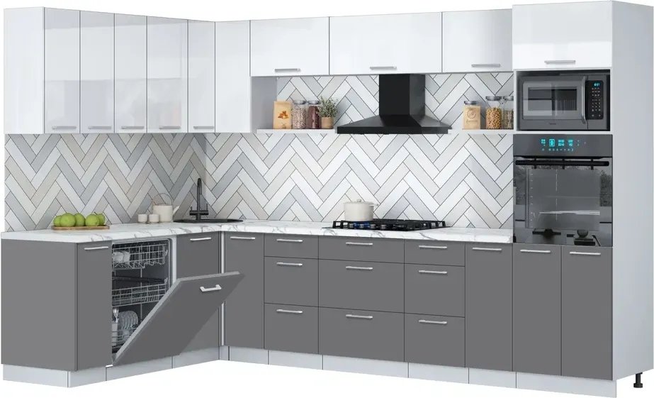 

Готовая кухня Интерлиния Мила Gloss 1.896х3.18 (серый/белый глянец/белый гранит)