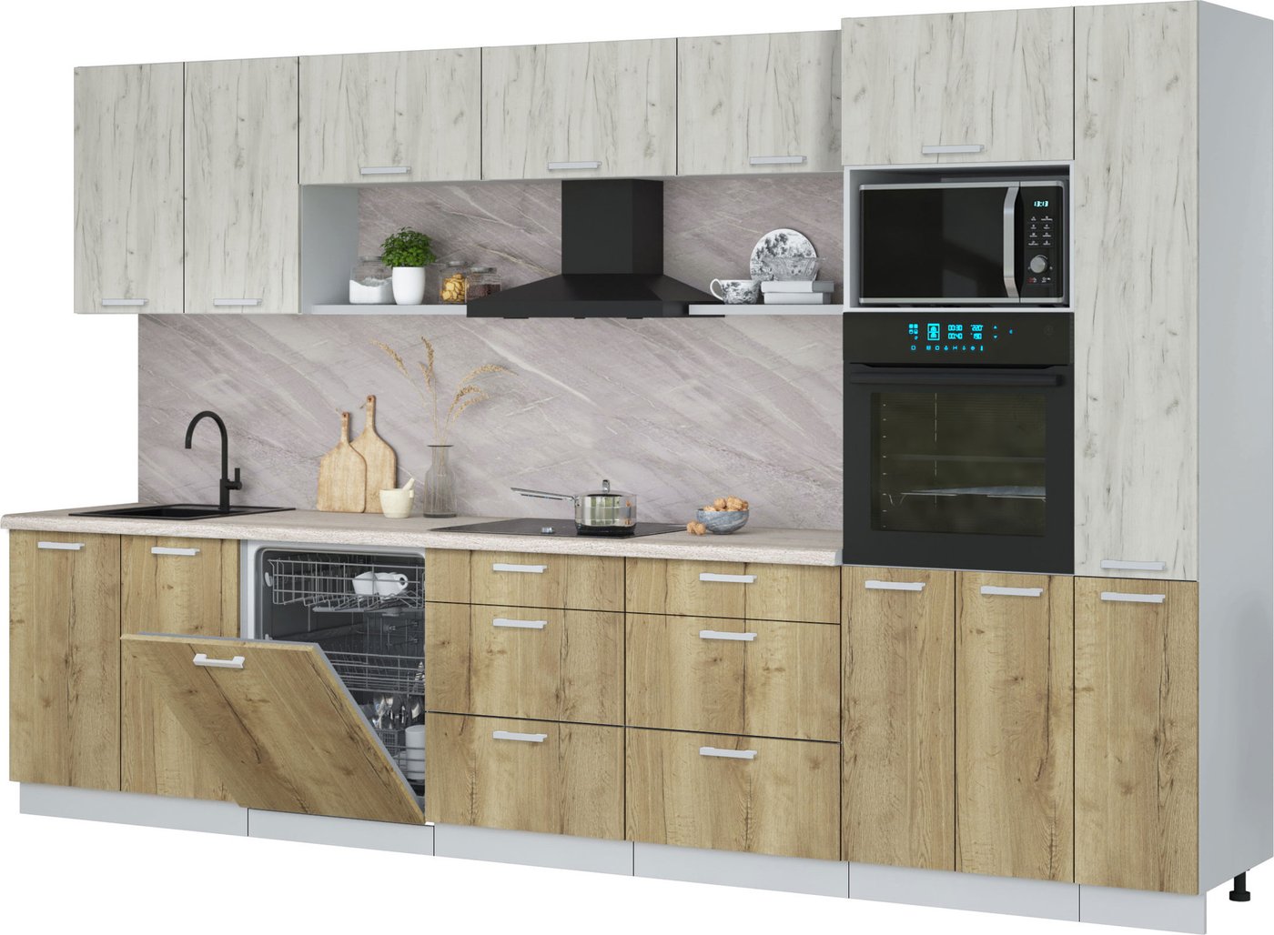 

Готовая кухня Интерлиния Мила Лайт 3.5-ПМ1 (дуб белый/дуб золотой/травертин серый)