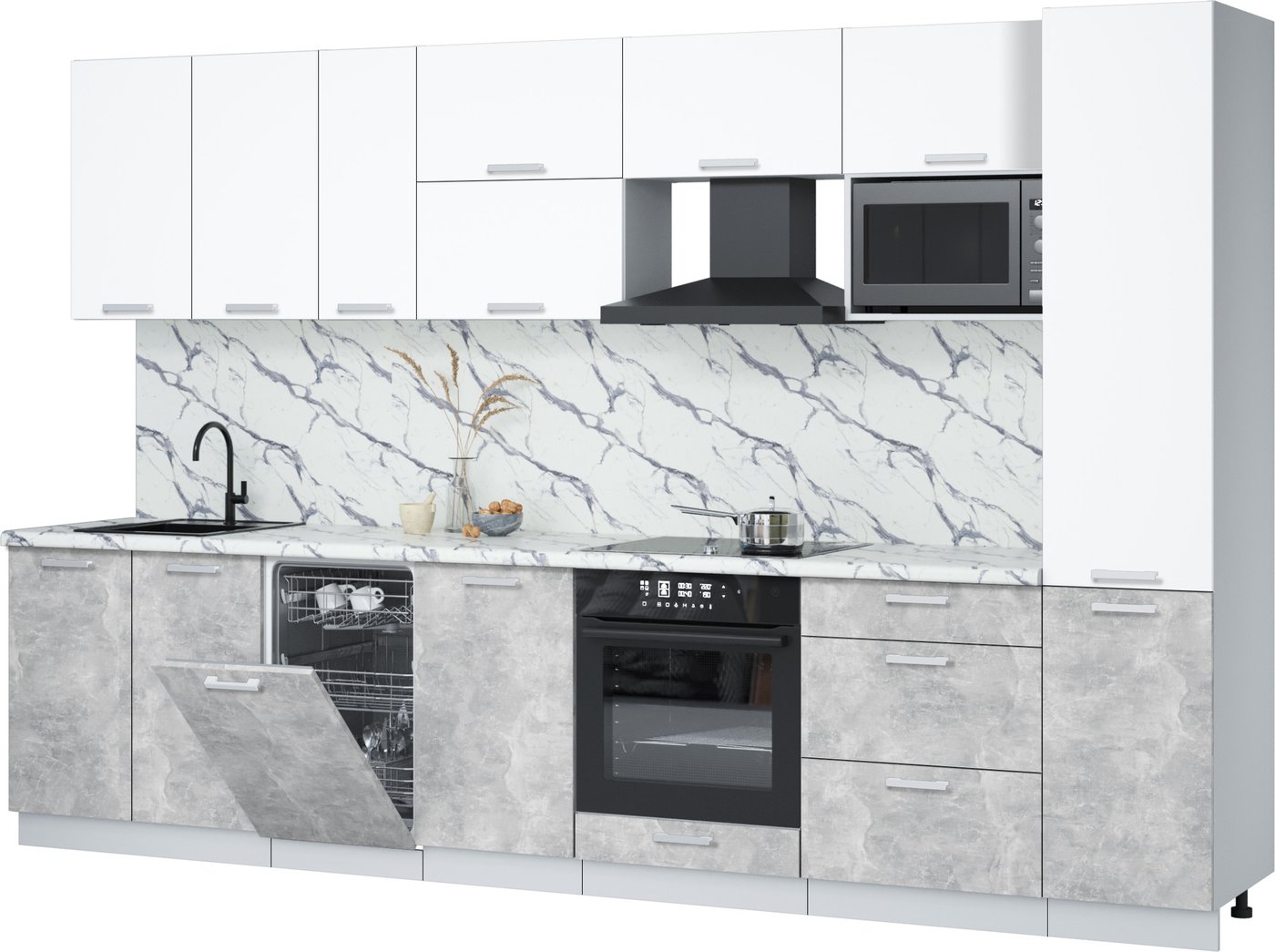 

Готовая кухня Интерлиния Мила Лайт 3.3-ПМ4 (белый платинум/бетон/белый гранит)