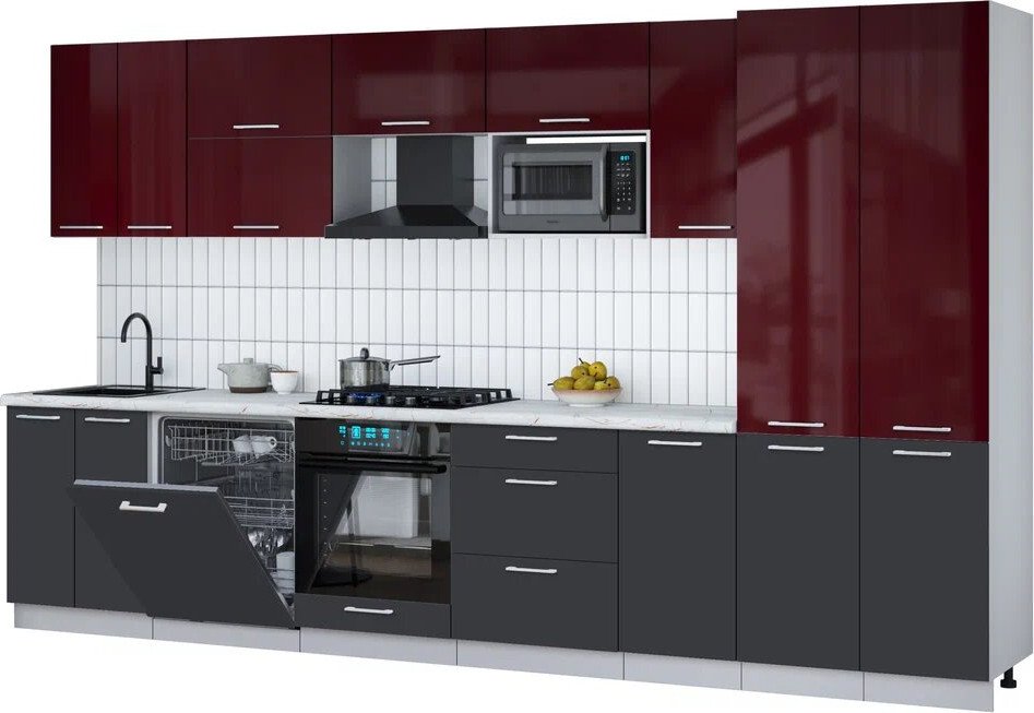 

Готовая кухня Интерлиния Мила Gloss 3.6-ПМ2 (пепел/бордовый глянец/серый каспий)