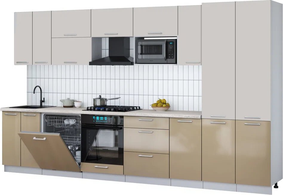 

Готовая кухня Интерлиния Мила Gloss 3.6-ПМ2 (капучино глянец/кашемир/травертин серый)