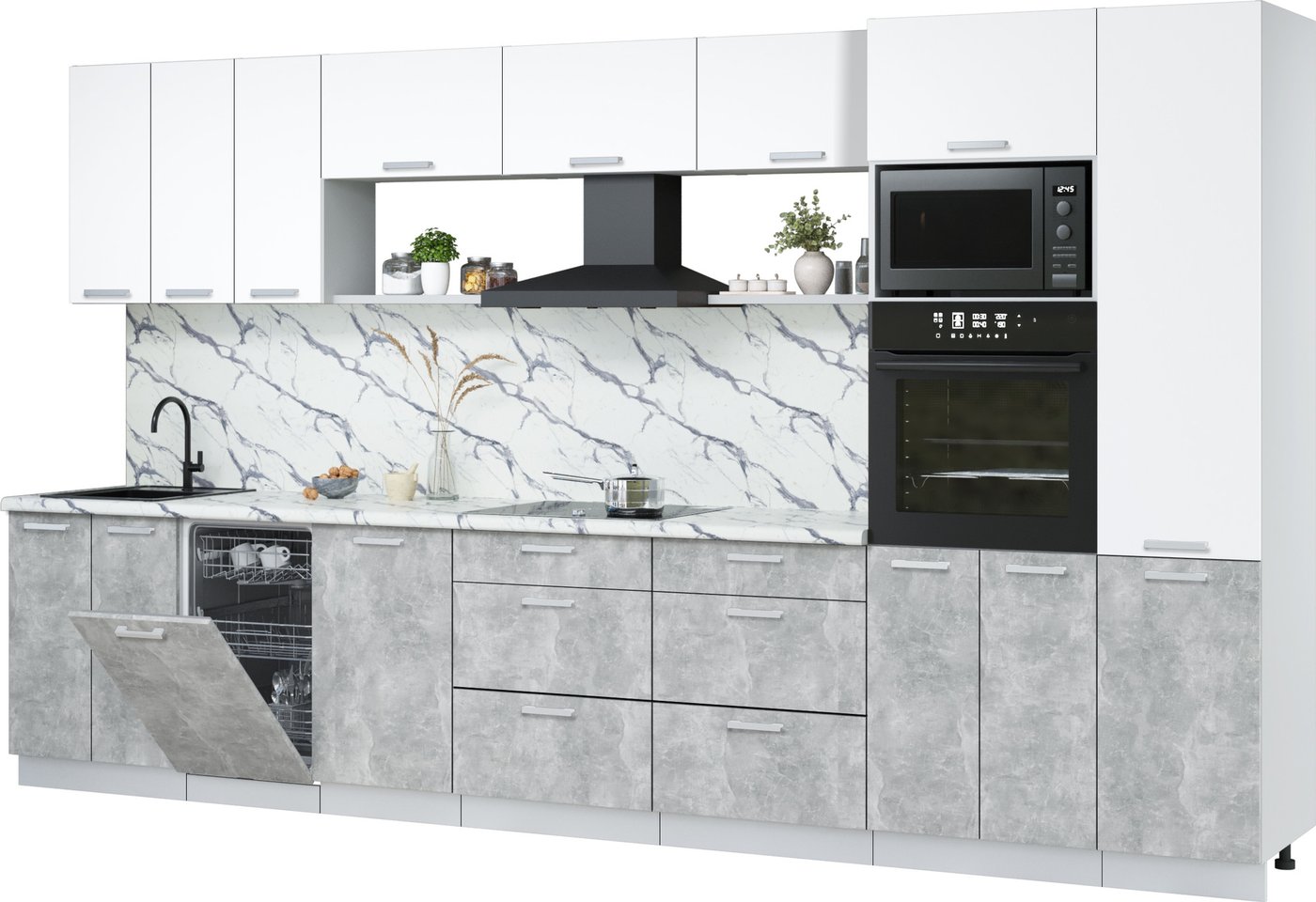 

Готовая кухня Интерлиния Мила Лайт 3.7-ПМ3 (белый платинум/бетон/белый гранит)