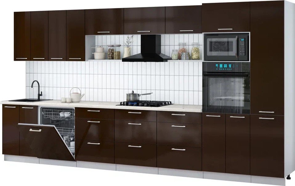 

Готовая кухня Интерлиния Мила Gloss 4.0-ПМ1 (шоколад глянец/шоколад глянец/бискайская сосна)