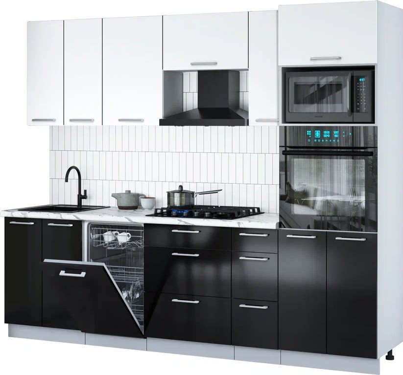 

Готовая кухня Интерлиния Мила Gloss 2.55-ПМ3 (черный глянец/белый/белый гранит)