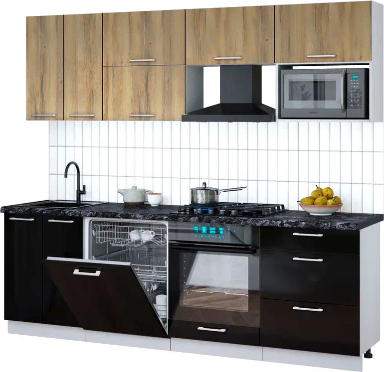 

Готовая кухня Интерлиния Мила Gloss 2.4-ПМ2 (черный глянец/дуб вотан/кастилло темный)