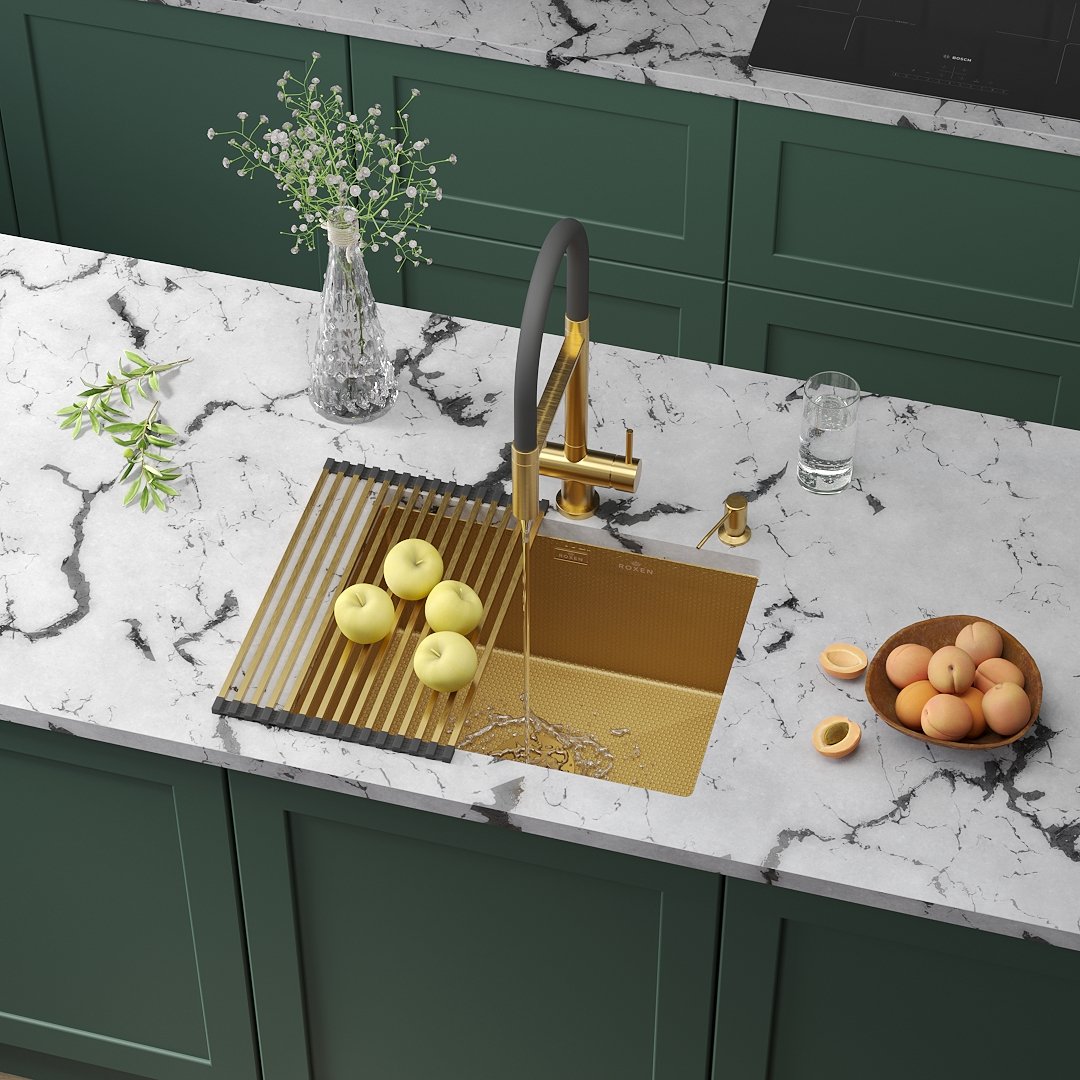 

Кухонная мойка Roxen Uno 560210-54-GS PVD золотая/текстурная (с ролл-матом и дозатором)