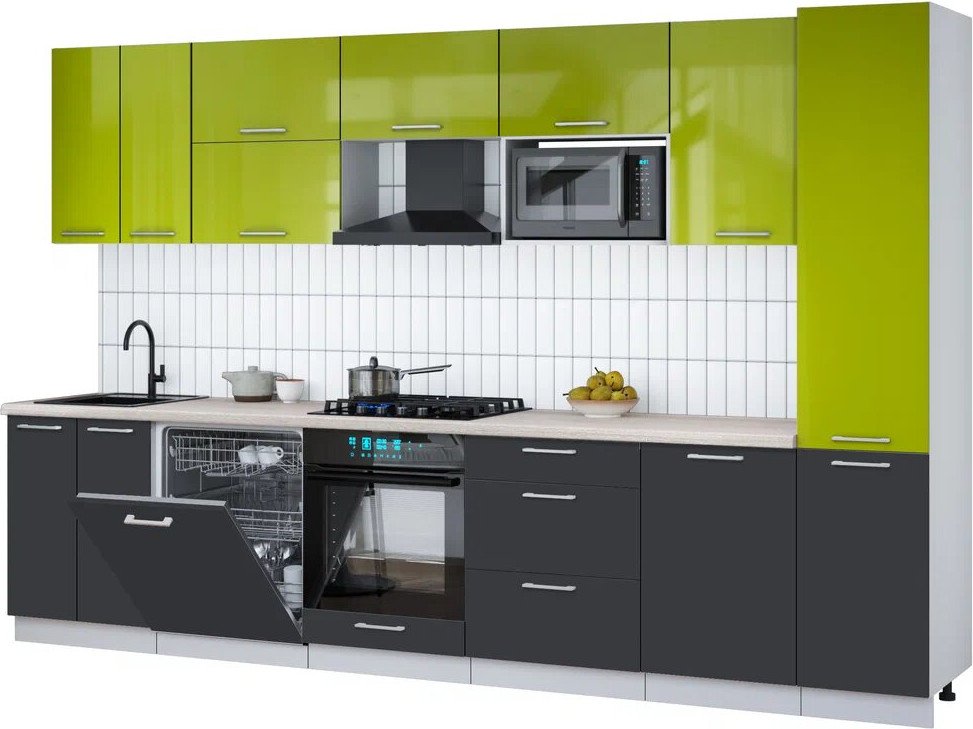 

Готовая кухня Интерлиния Мила Gloss 3.3-ПМ2 (пепел/яблоко глянец/травертин серый)