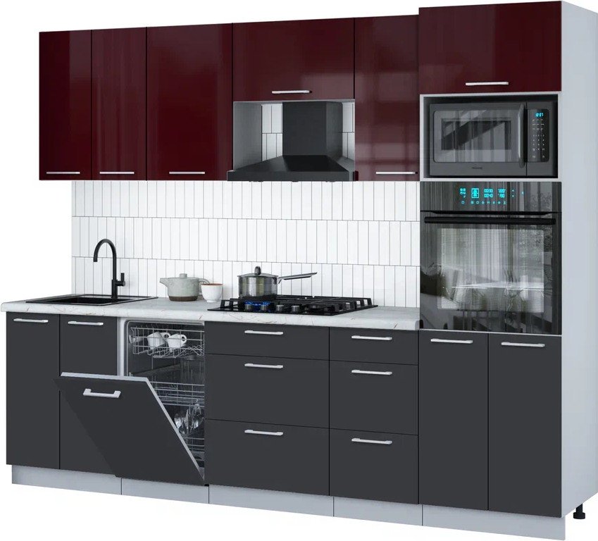 

Готовая кухня Интерлиния Мила Gloss 2.65-ПМ3 (пепел/бордовый глянец/серый каспий)