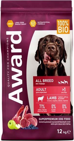 

Сухой корм для собак Award Adult All Breed для всех пород с ягненком, индейкой с добавлением яблока и черники 12 кг