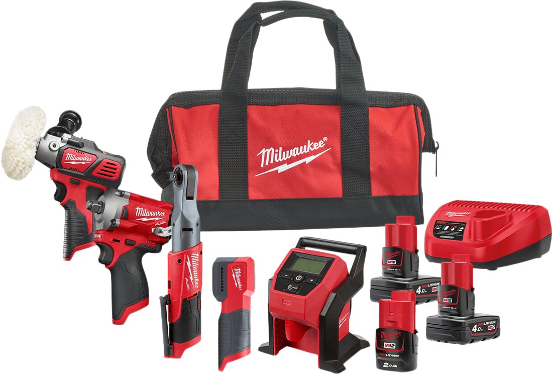 

Milwaukee M12 FUEL M12FPP5A-423BEU (шлифмашина, гайковерт, трещотка, фонарь, компрессор, 3 АКБ, сумка)
