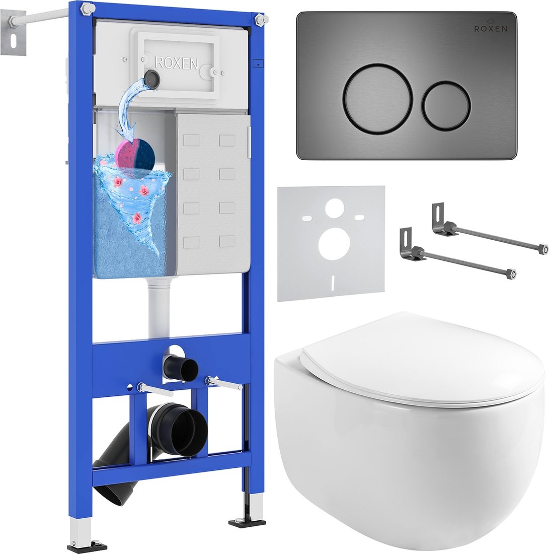 

Унитаз подвесной Roxen Egg в комплекте с инсталляцией StounFix Dual Fresh 6 в 1 964237 (кнопка: оружейная сталь)