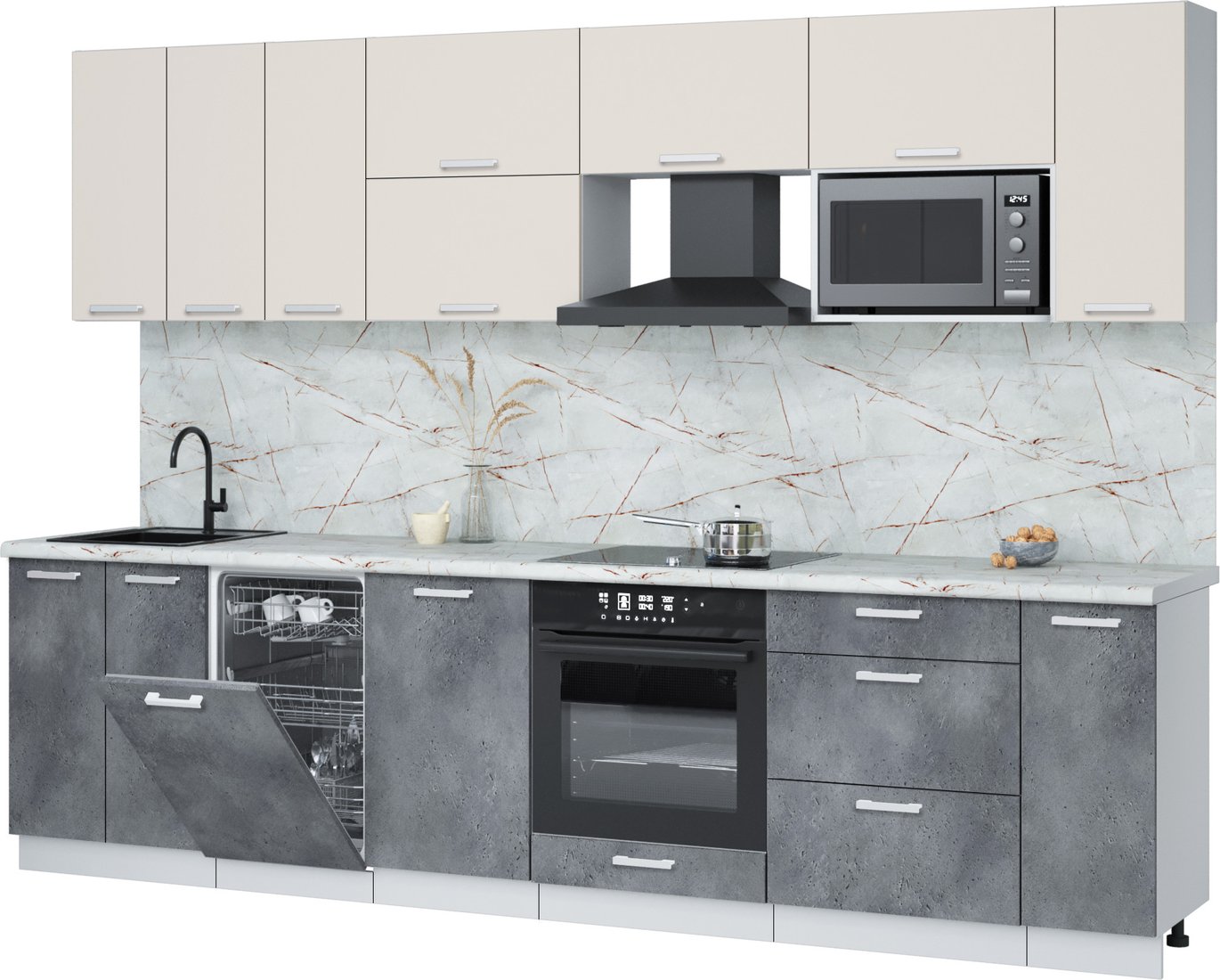 

Готовая кухня Интерлиния Мила Лайт 3.0-ПМ4 (персидский жемчуг/бетон портленд/серый каспий)