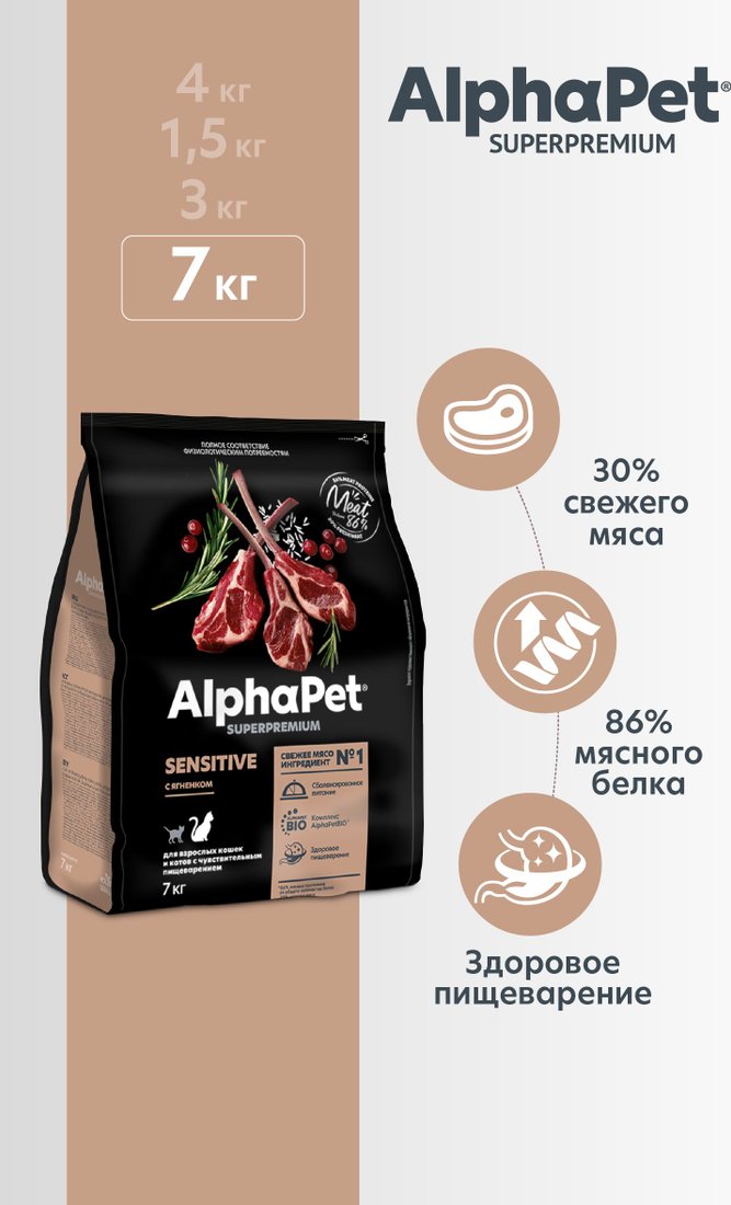 Сухой корм для кошек AlphaPet Superpremium Cat Sensitive Ягненок 7 кг