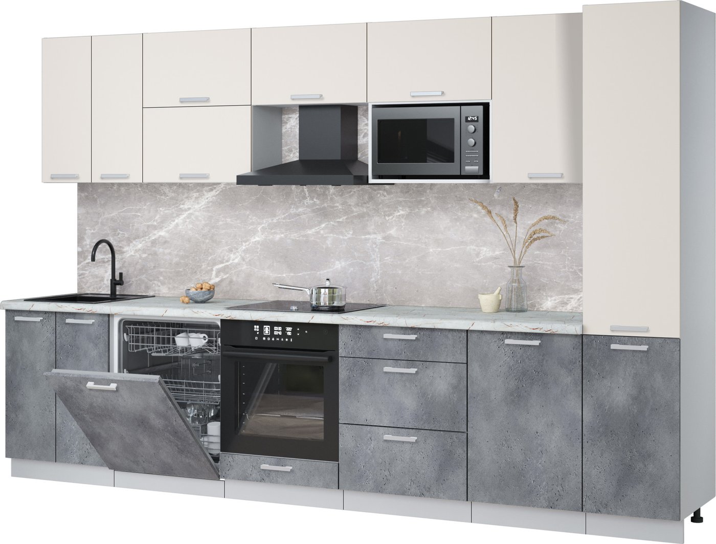 

Готовая кухня Интерлиния Мила Лайт 3.3-ПМ2 (персидский жемчуг/бетон портленд/серый каспий)