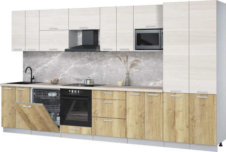 

Готовая кухня Интерлиния Мила Лайт 3.8-ПМ2 (вудлайн кремовый/дуб золотой/травертин серый)