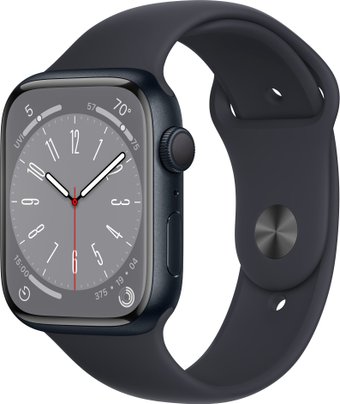 Apple Watch Series 8 45 мм (алюминиевый корпус, полуночный/полуночный, спортивные силиконовые ремешки S/M + M/L)