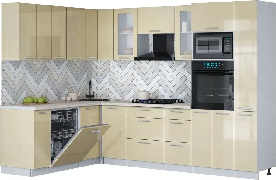 

Готовая кухня Интерлиния Мила Gloss 1.896х2.88 (ваниль глянец/ваниль глянец/травертин серый)