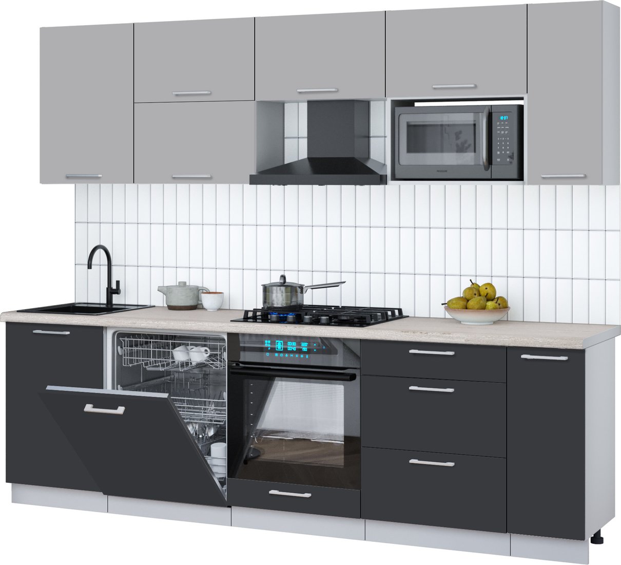 

Готовая кухня Интерлиния Мила Gloss 2.6-ПМ2 (пепел/грей/травертин серый)