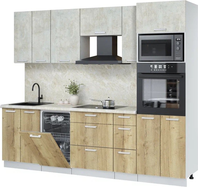 

Готовая кухня Интерлиния Мила Лайт 2.55-ПМ3 (бетон лайт/дуб золотой/опал светлый)