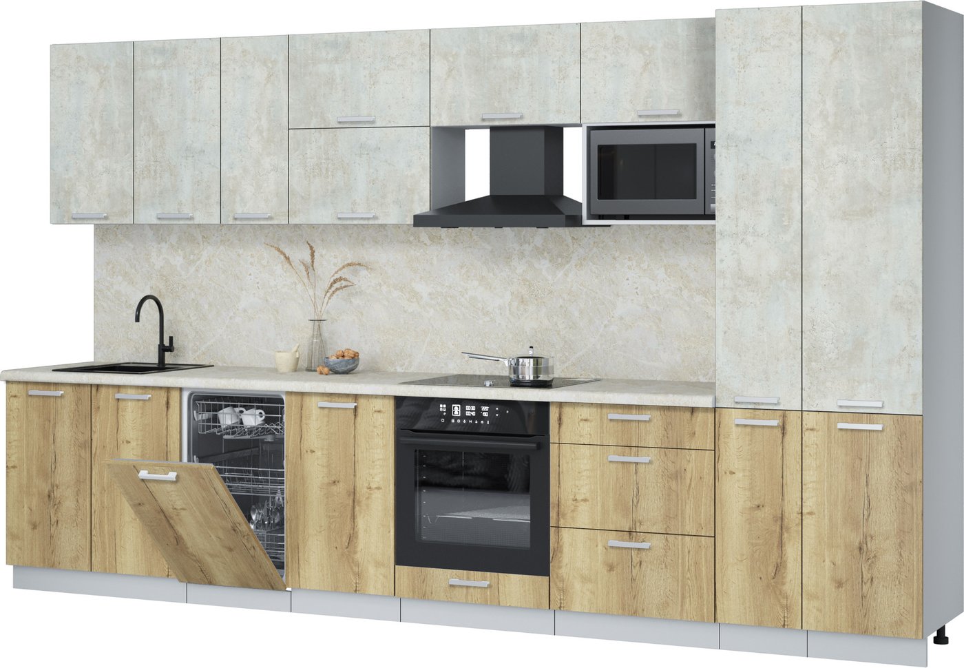 

Готовая кухня Интерлиния Мила Лайт 3.6-ПМ4 (бетон лайт/дуб золотой/опал светлый)