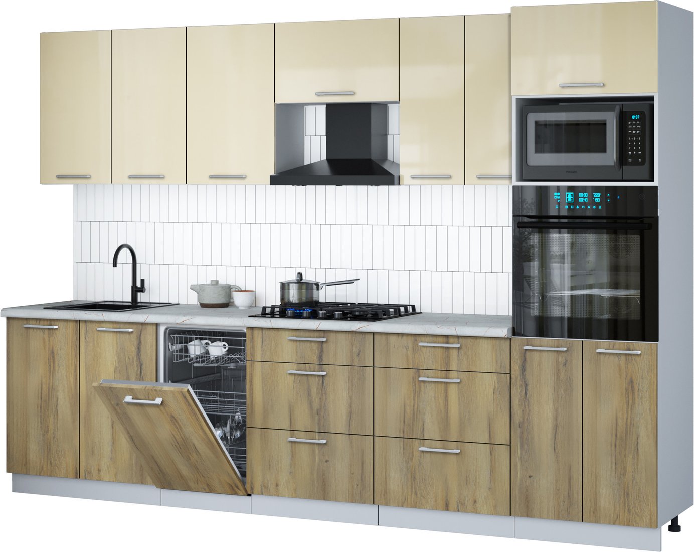 

Готовая кухня Интерлиния Мила Gloss 3.05-ПМ3 (дуб вотан/ваниль глянец/серый каспий)