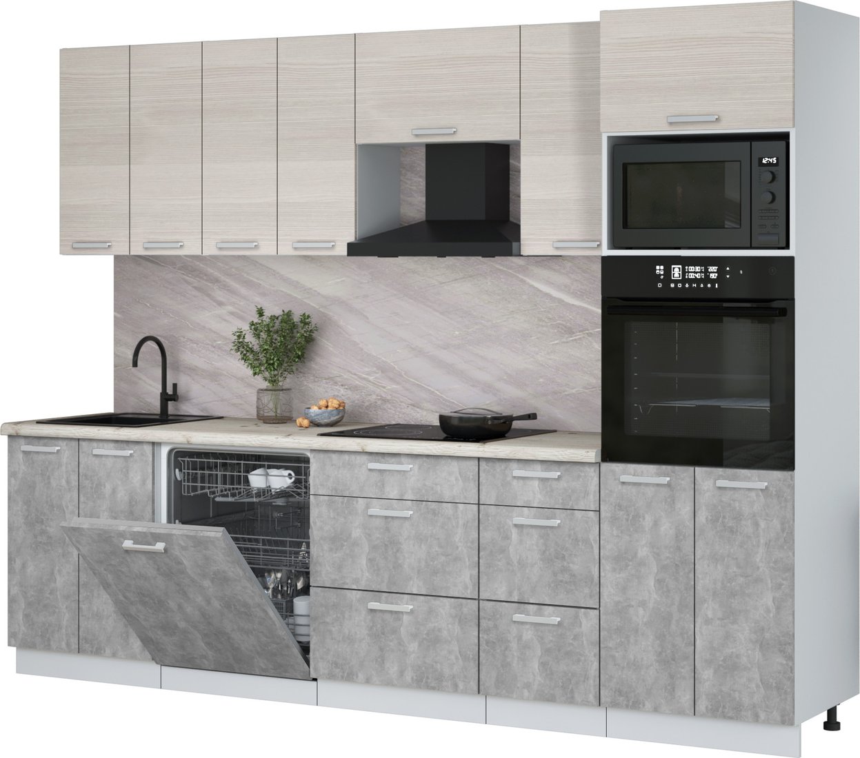 

Готовая кухня Интерлиния Мила Лайт 2.8-ПМ1 (вудлайн кремовый/бетон/бискайская сосна)