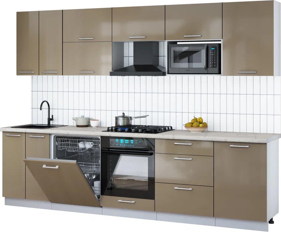 

Готовая кухня Интерлиния Мила Gloss 2.9-ПМ2 (капучино глянец/капучино глянец/бискайская сосна)