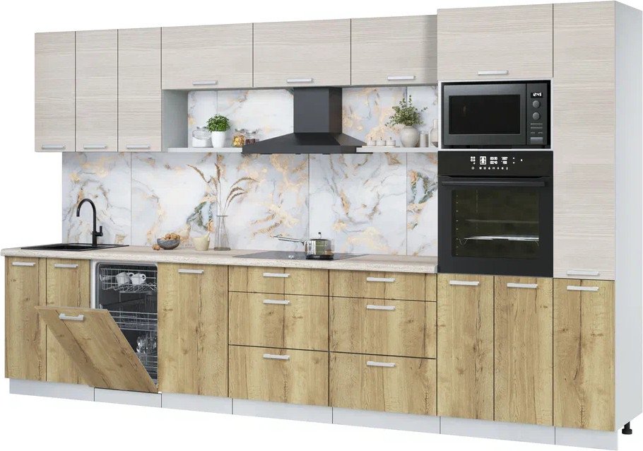 

Готовая кухня Интерлиния Мила Лайт 3.6-ПМ3 (вудлайн кремовый/дуб золотой/травертин серый)