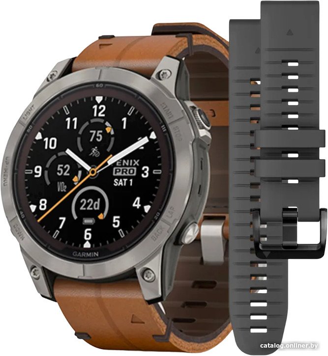 Умные часы Garmin Fenix 7 Pro Sapphire Solar (титан/каштановый, с кожаным и силиконовым ремешками)