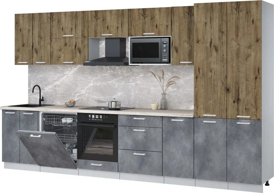 

Готовая кухня Интерлиния Мила Лайт 3.6-ПМ2 (дуб веллингтон/бетон портленд/травертин серый)