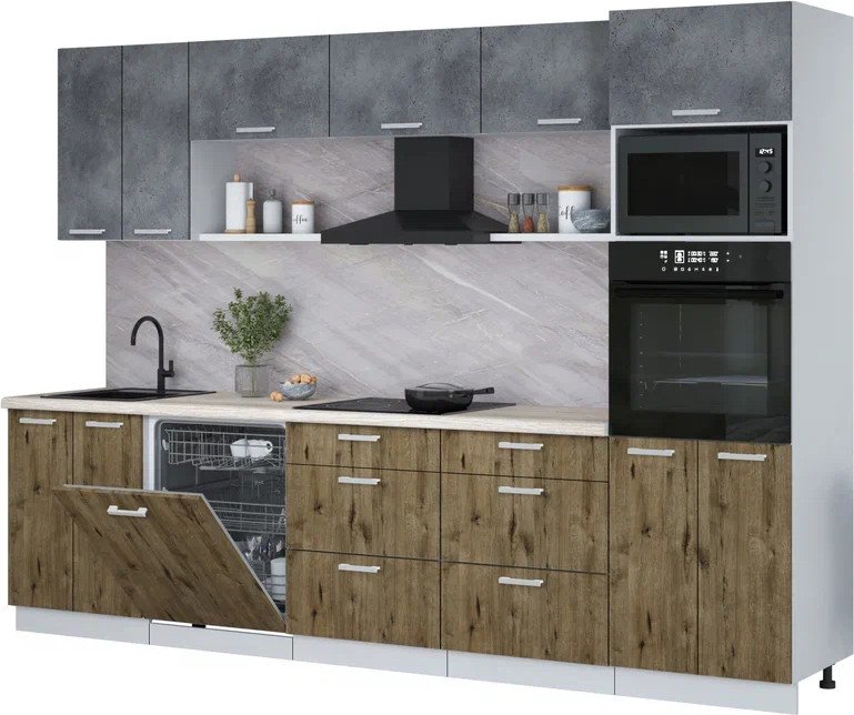 

Готовая кухня Интерлиния Мила Лайт 3.0-ПМ1 (бетон портленд/дуб веллингтон/травертин серый)