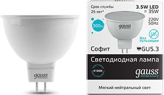 Gauss Elementary GU5.3 3.5Вт 4100K [13524]