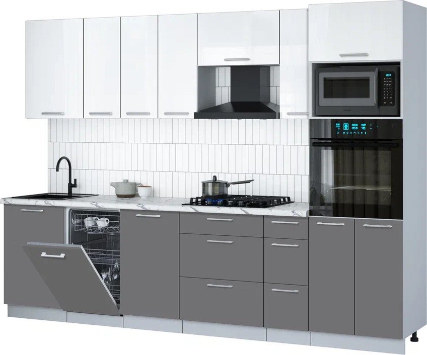 

Готовая кухня Интерлиния Мила Gloss 2.9-ПМ3 (серый/белый глянец/белый гранит)